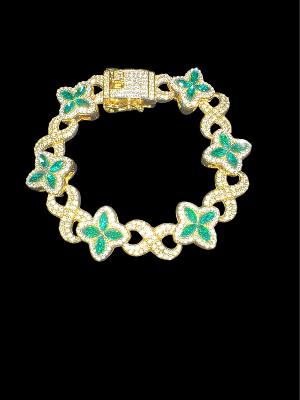 Gold Plated Bracelet with Green Flower Accents - Women's Jewelry